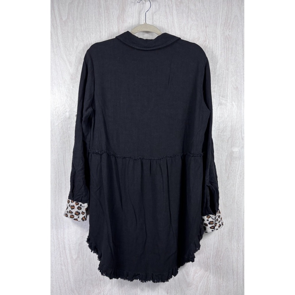 Umgee Linen Shirt Dress Womens S Black Leopard Trim Lagenlook Boho Tunic - Picture 3 of 7